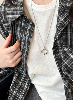 韩系ins银色几何吊坠长款项链女