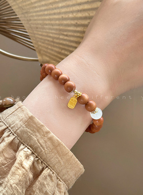 檀木温柔猫眼石福牌手链高级手串