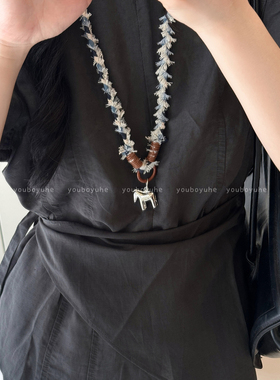 牛仔布艺银色木马编绳长款项链女