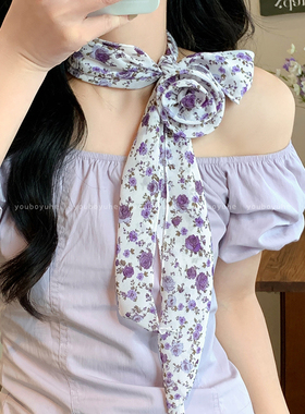 玫瑰花朵丝巾韩系氛围感系脖领巾