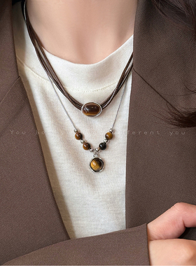 美拉德虎眼石皮绳双层叠戴项链女
