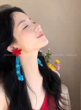 花朵耳环女度假风夸张流苏耳钉