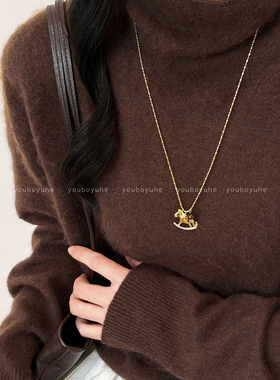 金色虎眼石小马项链长款毛衣链女