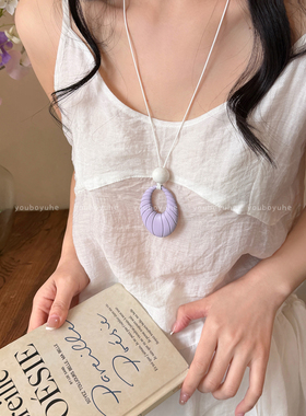 蓝色椭圆吊坠项链女长款挂脖配饰