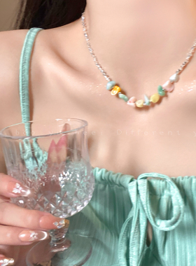 彩色天然石碎银拼接项链小众颈链