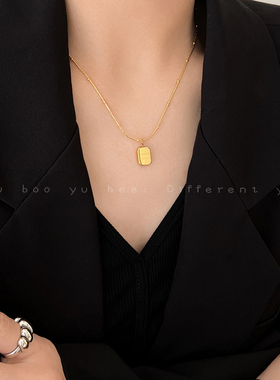 金色吊坠方牌项链女冷淡风项链