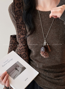 辣妹风豹纹爱心项链毛衣链配饰女