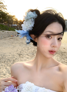 超仙蓝色百合仿真花拍照发夹女