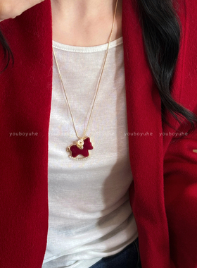 新中式红色小马吊坠项链毛衣链冬