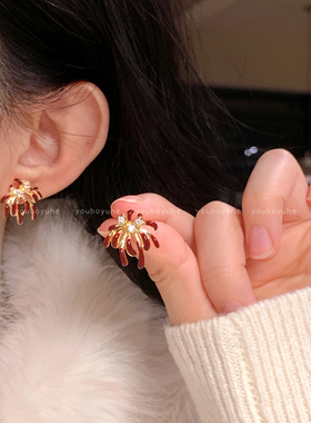 红色烟花锆石耳钉新年显白耳环女