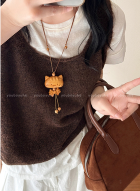 法棍小猫檀木长款小众设计项链