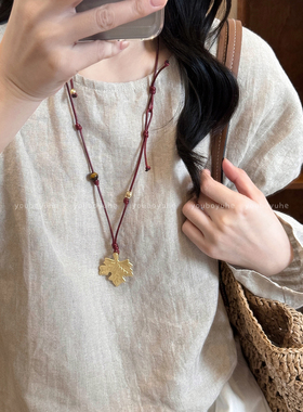 天然虎眼石枫叶项链长款毛衣链女