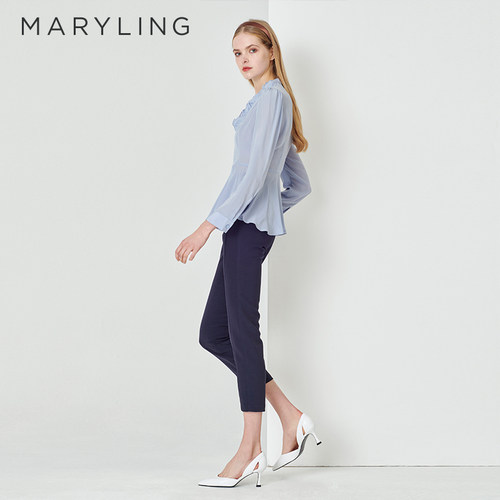 MARYLING玛俪琳春秋新品雾蓝色真丝双绉V领衬衫A1DBW20230 - 图1