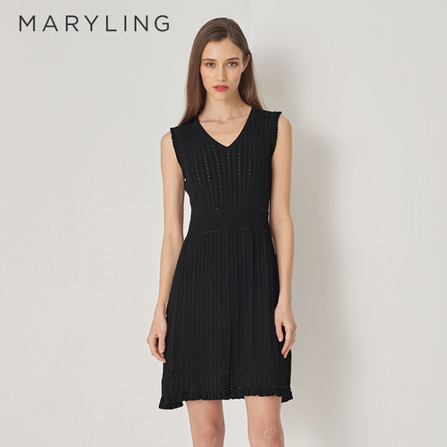 MARYLING玛俪琳初秋新品V领黑色针织背心连衣裙A1DFW04180 - 图0