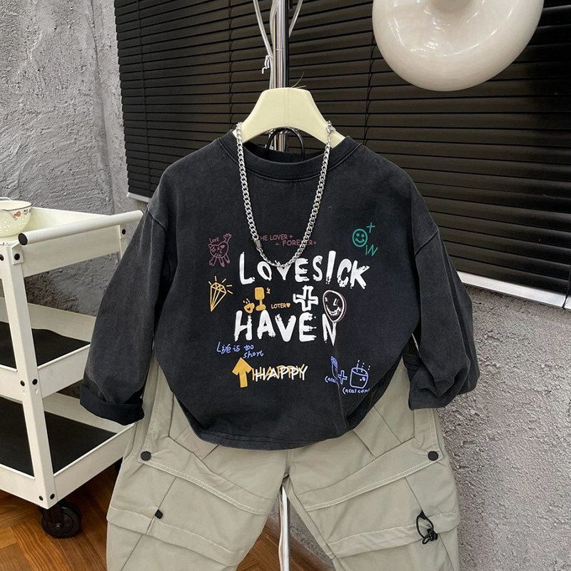 2026新款秋装男童潮酷帅气圆领长袖t恤中小童时髦做旧风内搭上衣,淘宝优惠券,粉丝福利购,淘宝优惠卷