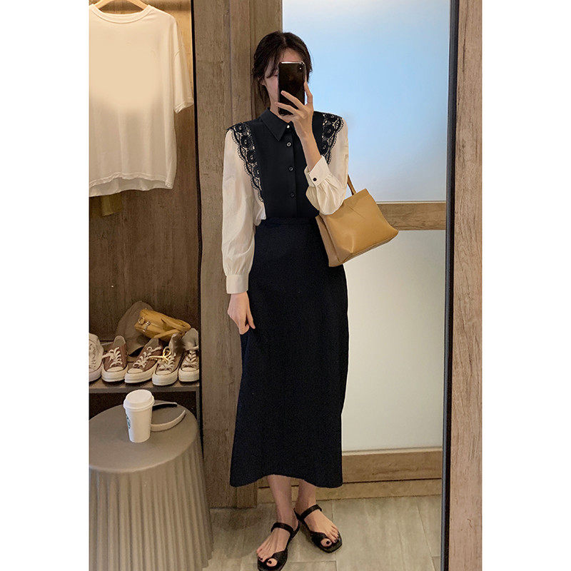 黑色蕾丝polo领长袖2021秋季衬衫 着潮衬衫