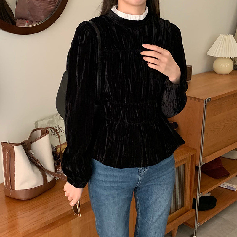 黑色丝绒蕾丝领2021秋季新款衬衫 着潮衬衫