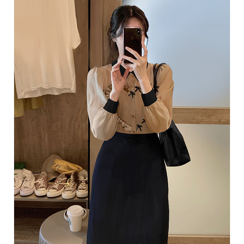 杏色长袖polo领2022春季新款衬衫 着潮衬衫