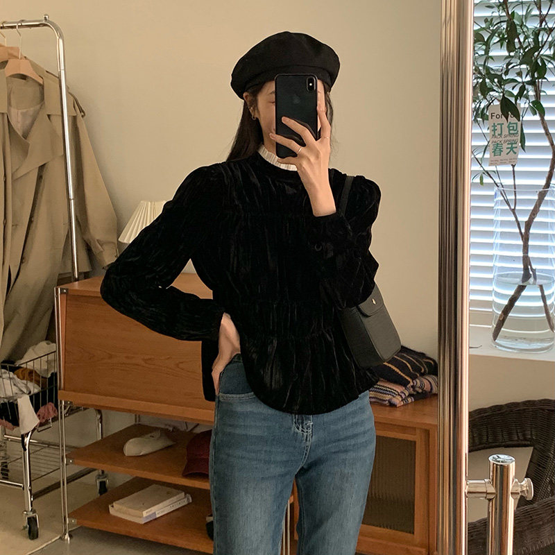 黑色丝绒蕾丝领2021秋季新款衬衫 着潮衬衫