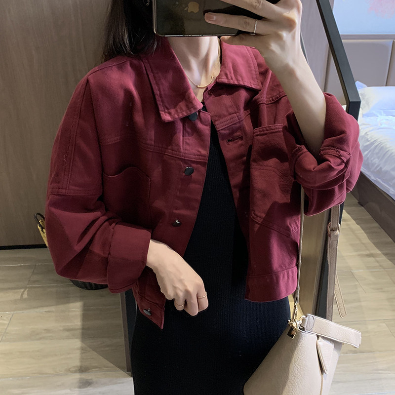 翻领宽松百搭bf风红色短款工装夹克 着潮短外套