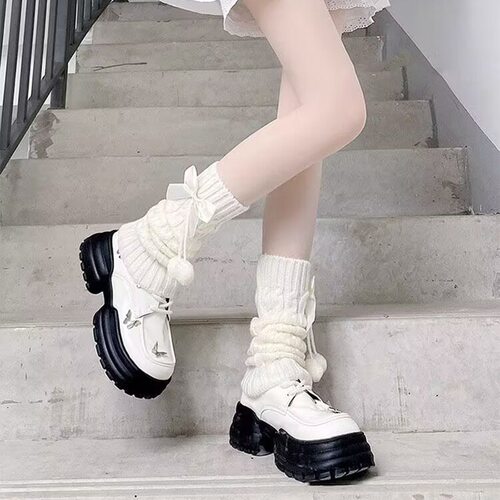 白色毛球袜套女日系秋冬jk洛丽塔加厚保暖Lolita甜美蝴蝶结堆堆袜 - 图0