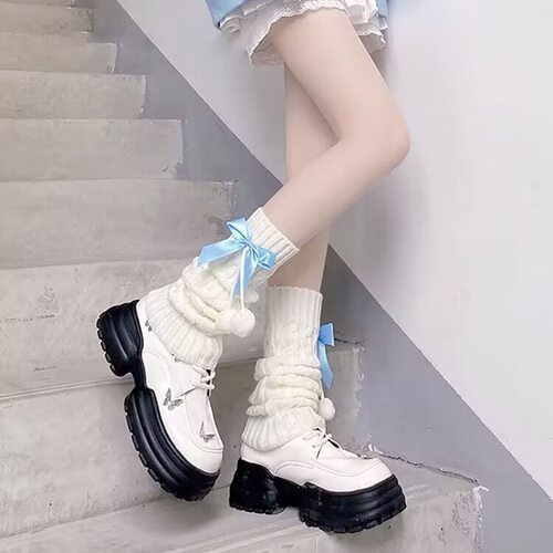 白色毛球袜套女日系秋冬jk洛丽塔加厚保暖Lolita甜美蝴蝶结堆堆袜 - 图1
