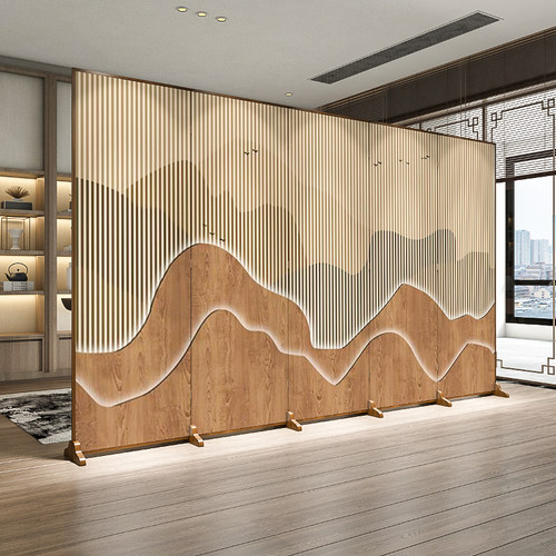 屏风隔断客厅新中式简约现代镂空格栅办公室玄关柜带灯定制实木座 - 图1