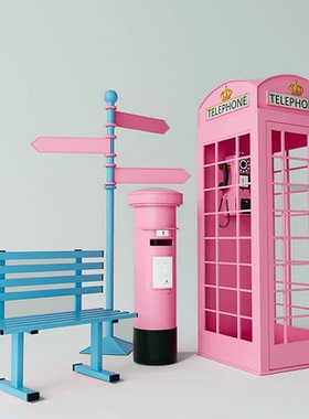 红色电话亭英伦风金属亭子落地摆件邮筒路牌套装组合美陈影视道具
