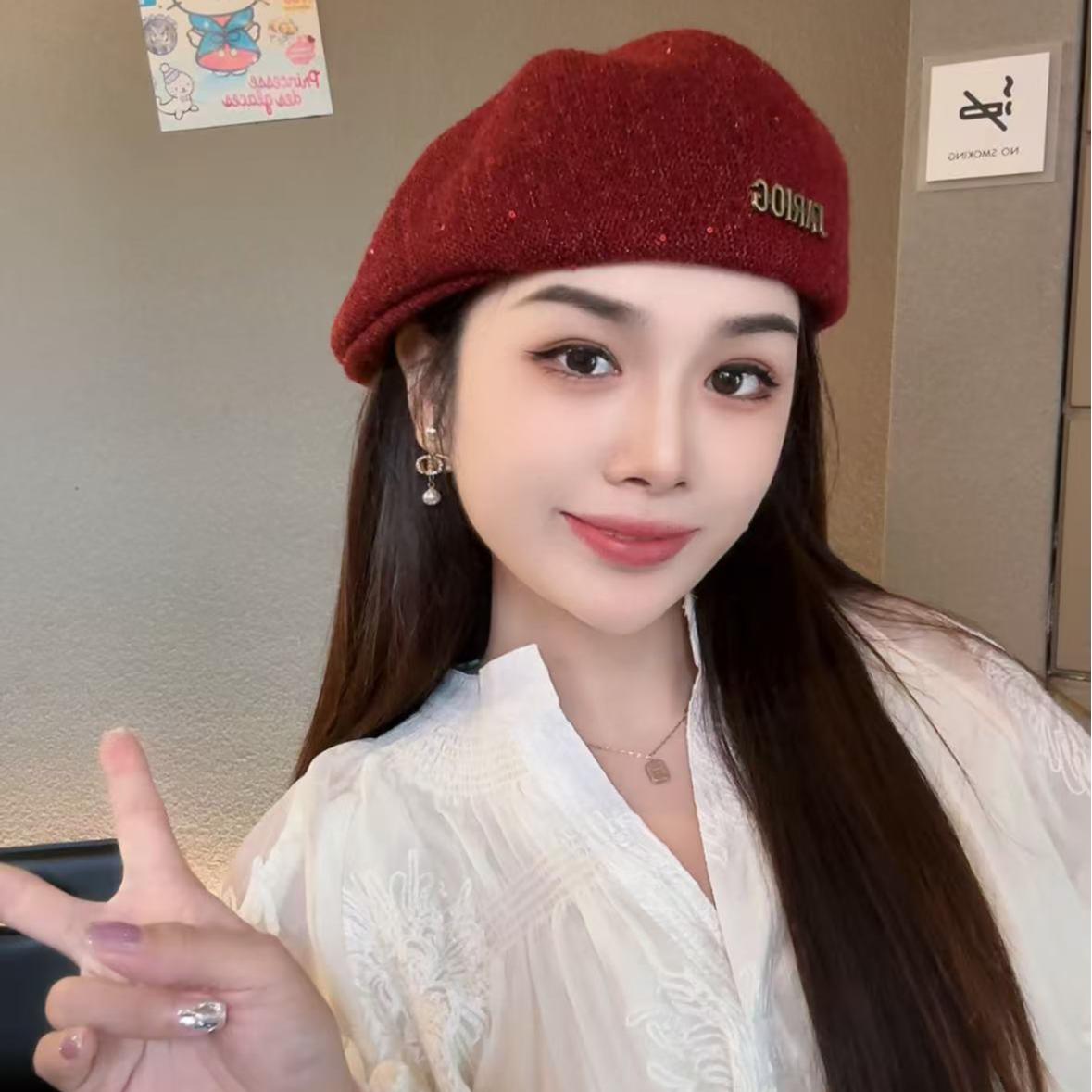 秋冬新款定型正反两戴前进帽子女时尚亮片百搭贝雷帽显脸小鸭舌帽 - 图0