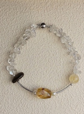 随形黄水晶白水晶虎眼石银管手链