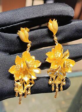 黄金色荷花流苏耳环古法轻奢
