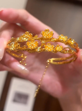 双层桃花枝手镯古法鎏金