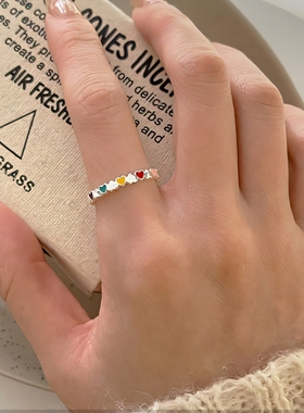 多巴胺彩色爱心串珠戒指女夏甜美设计感食指戒开口可调节小众指环