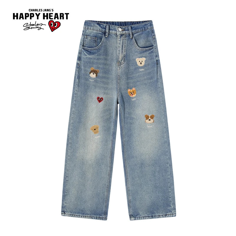 查尔斯桃心可爱小狗印花牛仔裤水洗直筒复古休闲时尚潮牌宽松长裤