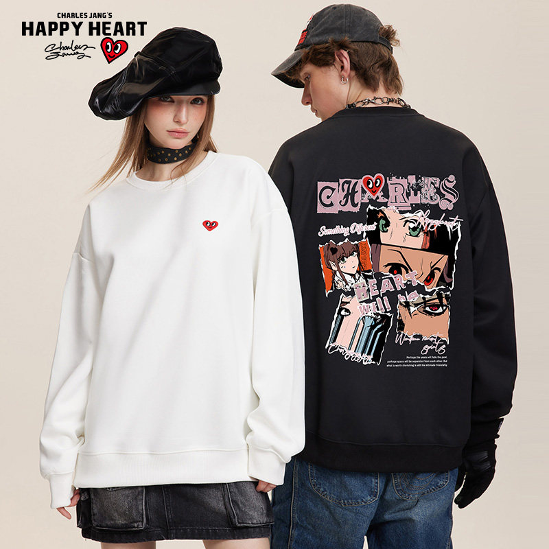 查尔斯桃心美式复古动漫印花圆领卫衣男2025年春秋季情侣休闲长袖