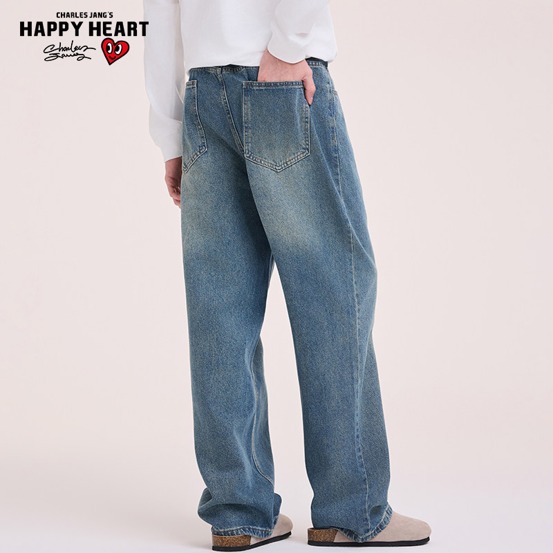 查尔斯桃心 美式复古牛仔裤男女春秋季宽松水洗直筒休闲长裤子