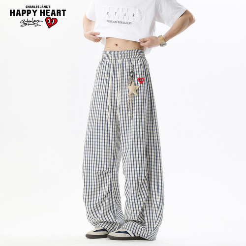 查尔斯桃心日系松弛感阔腿弯刀格子裤男女春夏季宽松垂感休闲长裤 - 图1