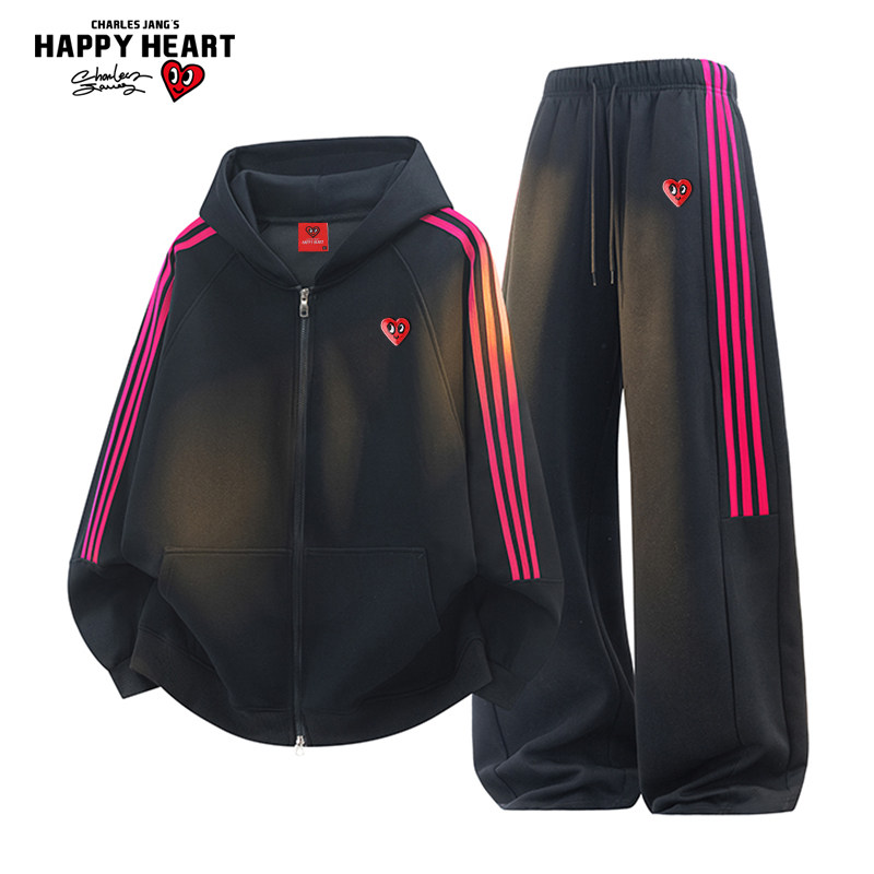 Charles Peach Heart Striped Sports Set Men and Women Spring and Autumn Long Sleeve Cardigan Sweater Straight Trousers Two-piece Set