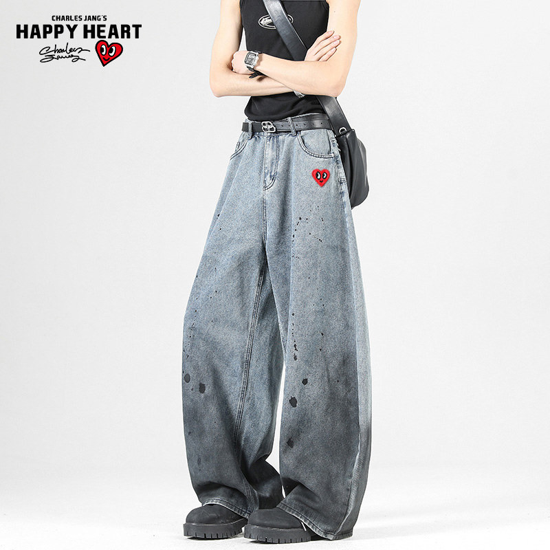 查尔斯桃心 渐变泼墨弯刀牛仔裤男美式春秋季潮牌vibe宽松阔腿裤