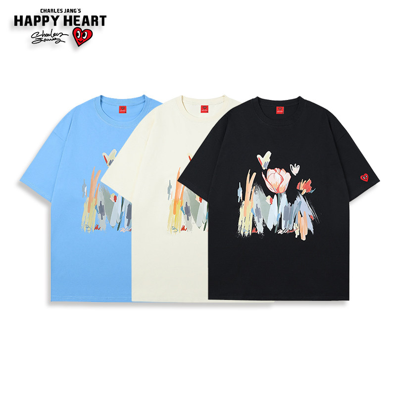 查尔斯桃心 短袖t恤男夏季宽松花朵印花2025新款爱心刺绣半袖衣服