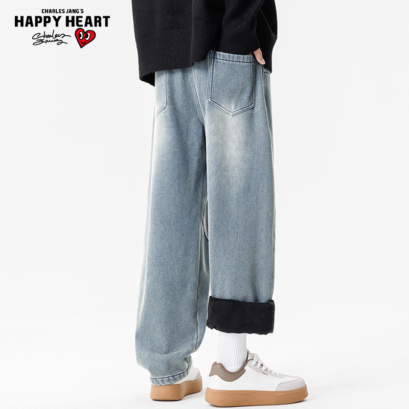 查尔斯桃心 美式解构水洗牛仔裤男秋冬季加绒加厚高街阔腿长裤子