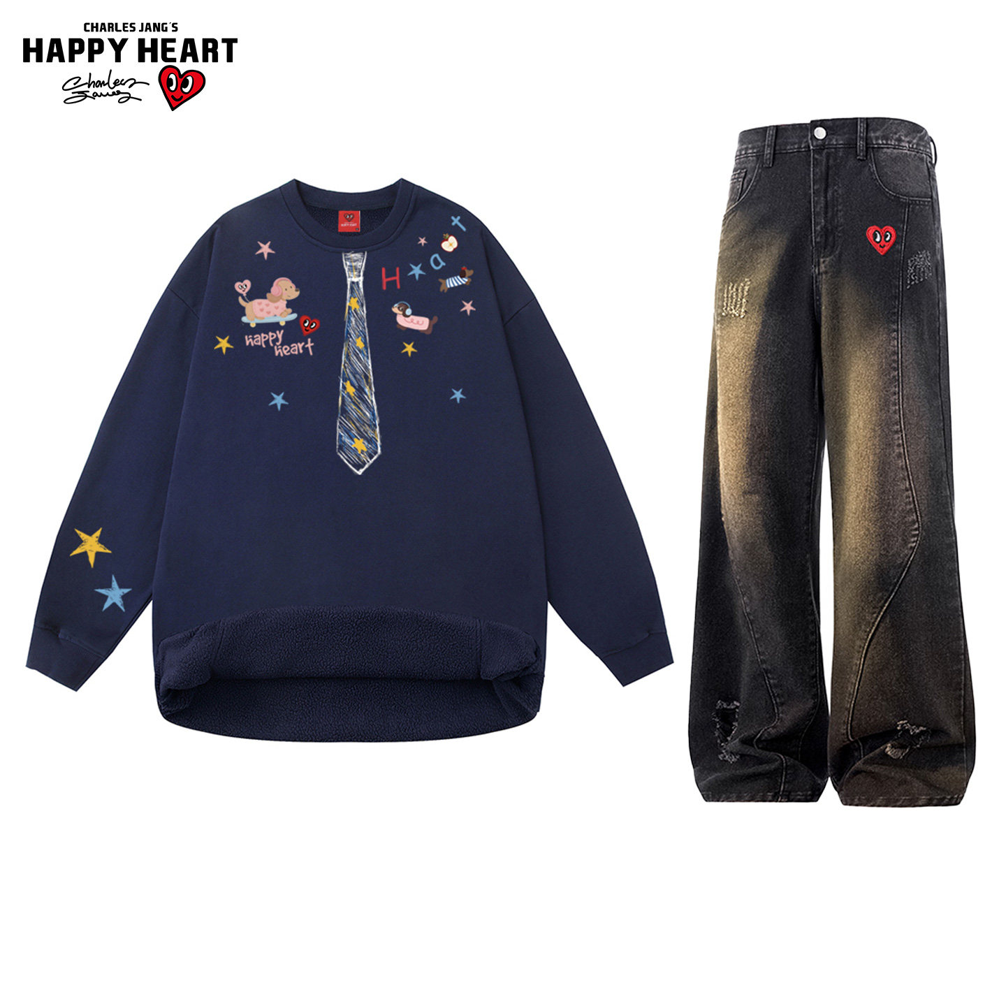 查尔斯桃心休闲套装男女冬季加绒圆领卫衣复古牛仔长裤子两件装潮,淘宝优惠券,粉丝福利购,淘宝优惠卷