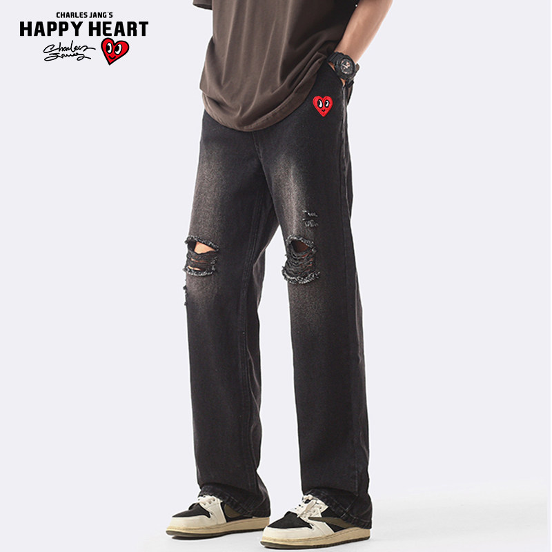 查尔斯桃心 美式复古中腰破洞牛仔裤男直筒宽松高街泥黄长裤子
