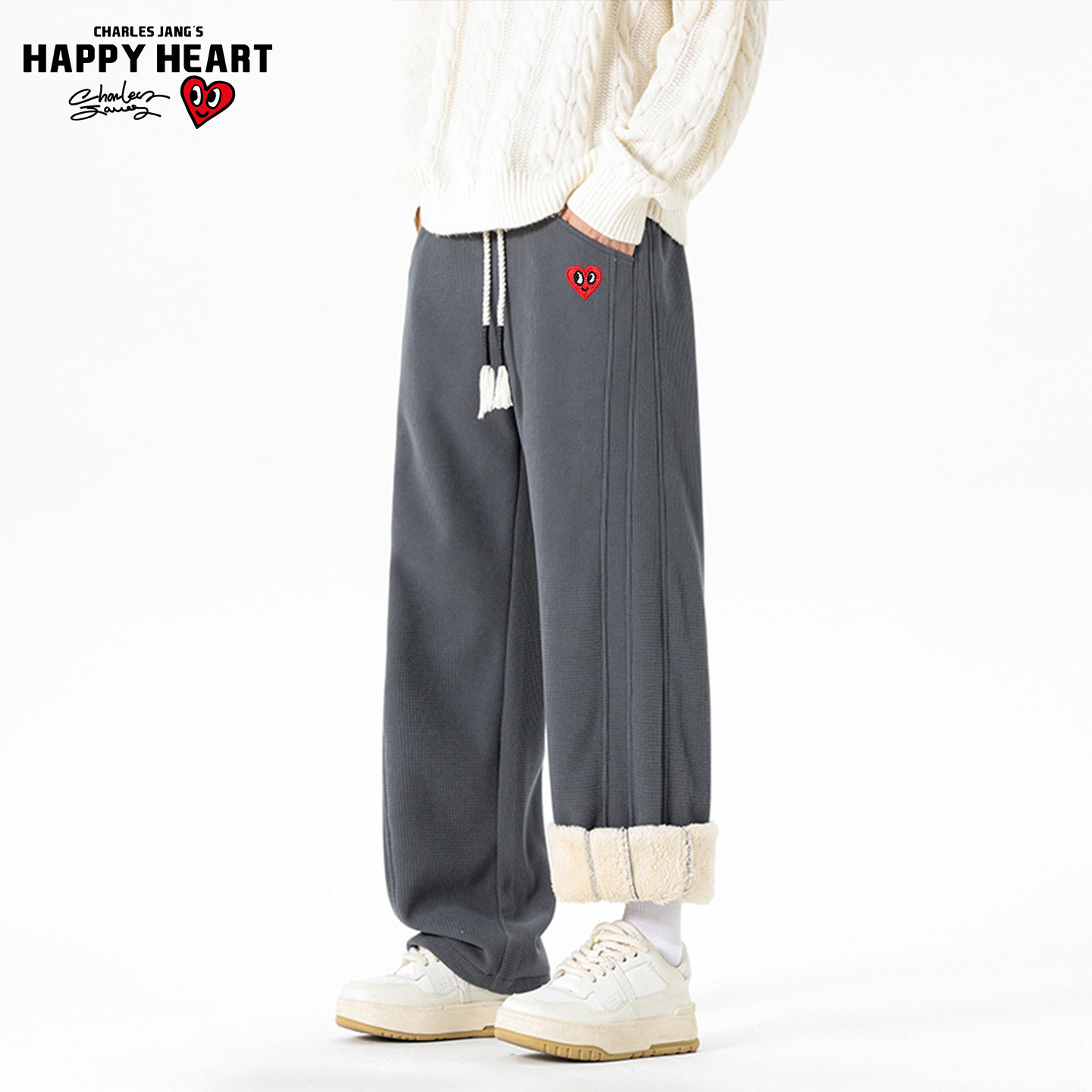 查尔斯桃心慵懒华夫格棉服男冬季2025新款加绒加厚羊羔绒休闲长裤,淘宝优惠券,粉丝福利购,淘宝优惠卷