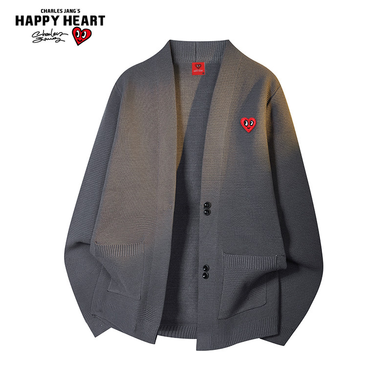 查尔斯桃心口袋开衫毛衣男秋冬季新款慵懒休闲情侣长袖针织衫外套