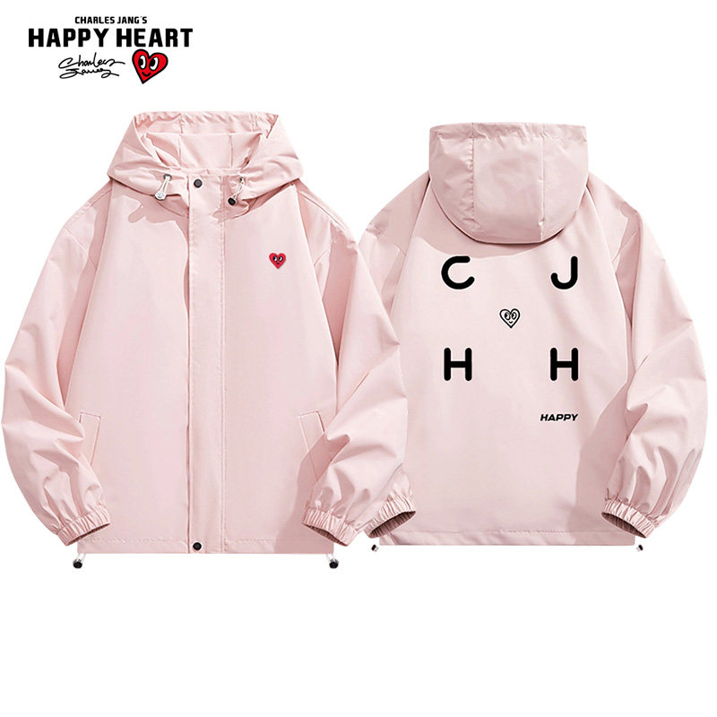 查尔斯桃心秋冬四字母印花时尚梭织连帽夹克男女同款冲锋登山外套