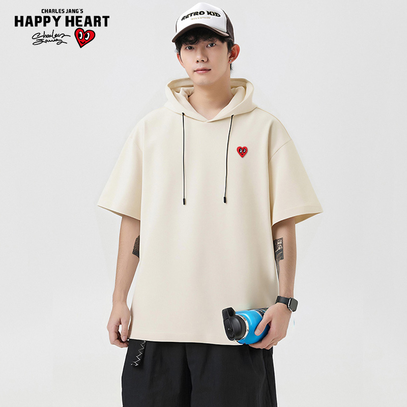 查尔斯桃心 日系防晒抗菌连帽短袖连帽T恤男女夏季速干运动少年感