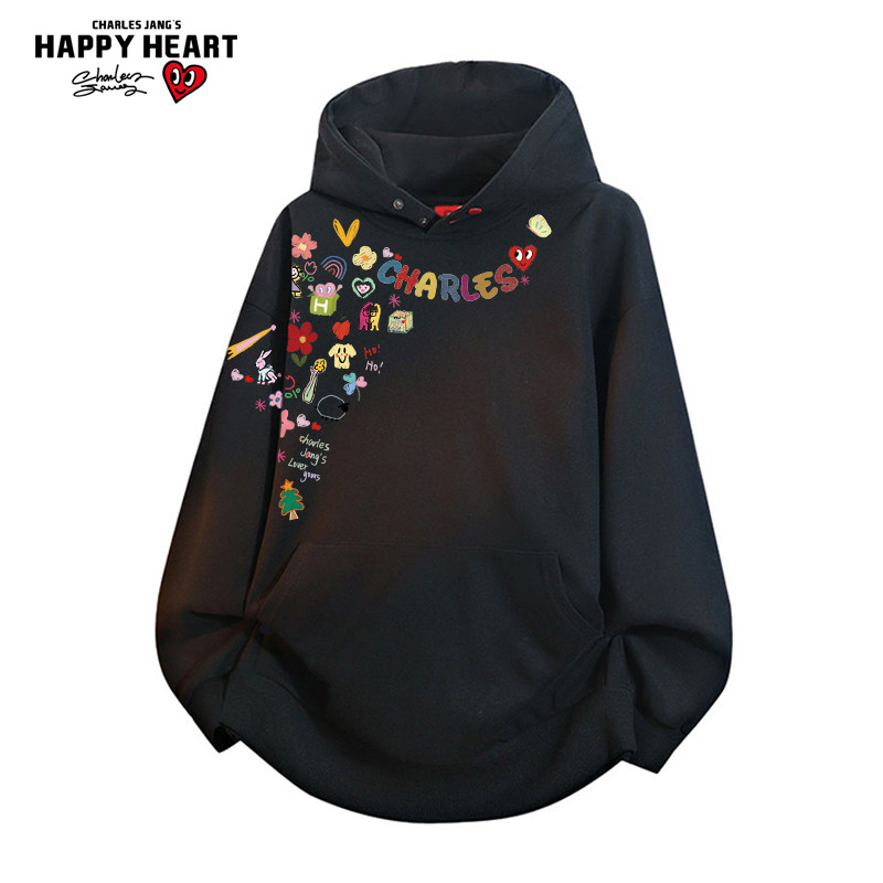 查尔斯桃心美式涂鸦印花按扣连帽卫衣春上新宽松休闲百搭情侣外套