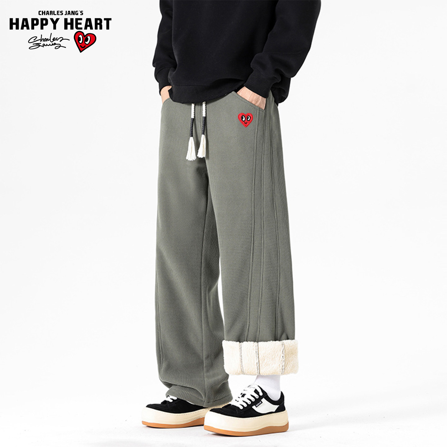 查尔斯桃心慵懒华夫格棉服男冬季2025新款加绒加厚羊羔绒休闲长裤,淘宝优惠券,粉丝福利购,淘宝优惠卷