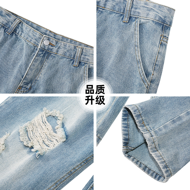 查尔斯桃心 美式复古中腰破洞牛仔裤男直筒宽松高街泥黄长裤子